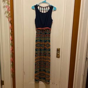 My Michelle Multicolored Maxi Dress with Pink Belt